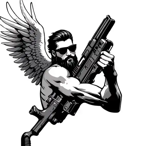 male angel with a beard and wearing sunglasses holding a machine gun tattoo design idea