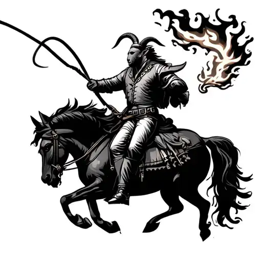 Can you generate a human with a goat head sitting on horse and he is whiping a whip and from whip is coming fire what is tattoo design idea
