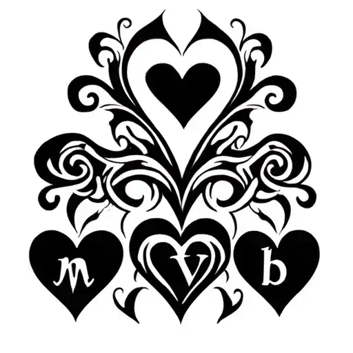 several tribal hearts with swirls and letters s, m, v and b intertwined between hearts tattoo design idea