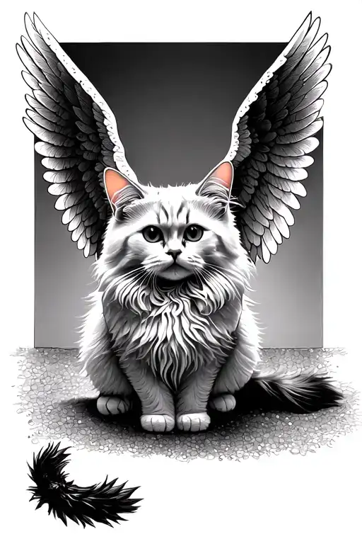white fluffy cat with angel wings spread tattoo design idea