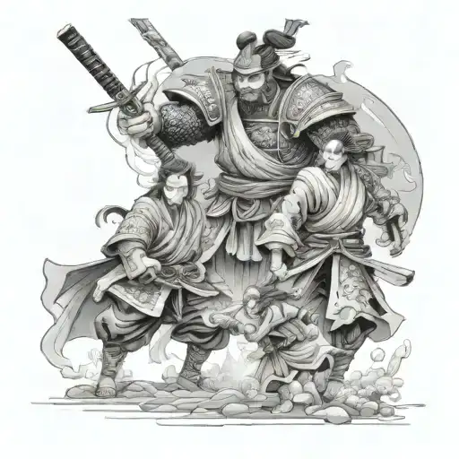 Samurai family fighting demon in Forrest father samurai protecting kids tattoo design idea