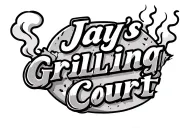 "Jay's Grilling Court" Minimalist cartoon, fancy grill with smoke rising behind the text tattoo design idea