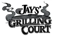 "Jay's Grilling Court" Minimalist cartoon, fancy grill with smoke rising behind the text tattoo design idea