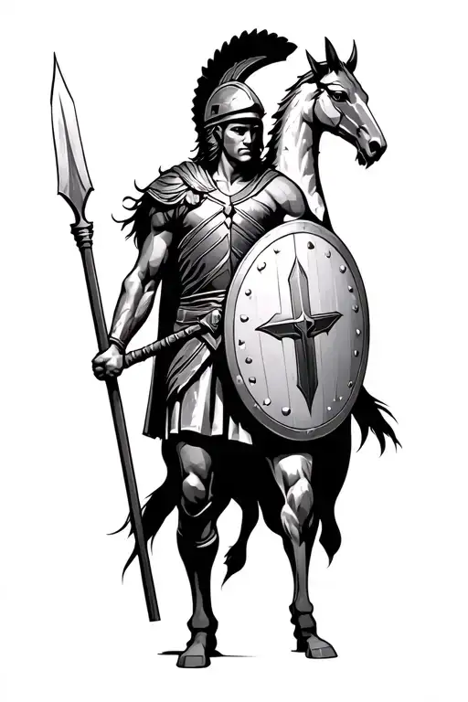 greek style spartan soldier with spear and shield and a Pegasus  tattoo design idea