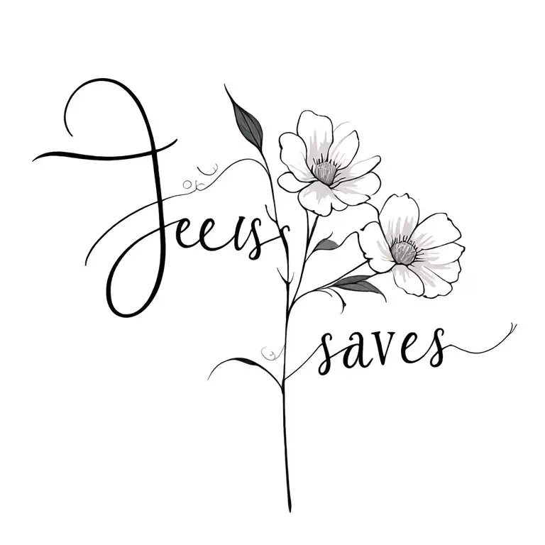 simplistic flower bouquet and words that say jesus saves tattoo design idea