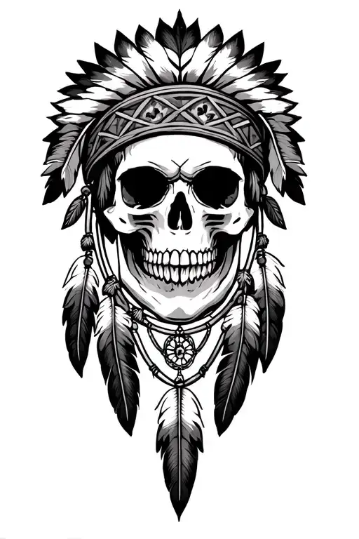 Native American skull dream catcher entangled big head band feathers tattoo design idea