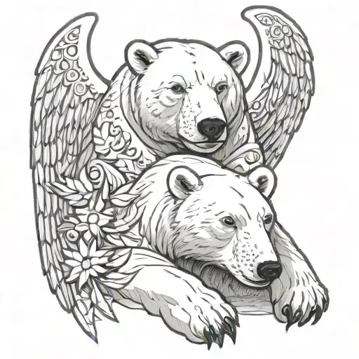 mother and baby polar bear holding with angel wings and stars and snowflakes tattoo design idea