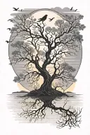 posion tree with roots no leaves sunset over lake with birds flying  tattoo design idea