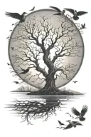 posion tree with roots no leaves sunset over lake with birds flying  tattoo design idea