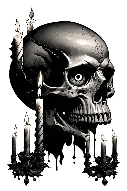 Realistic tattoo design of an ancient skull with candles and a single eye, minimalist yet mystical style, soft grey shad tattoo design idea