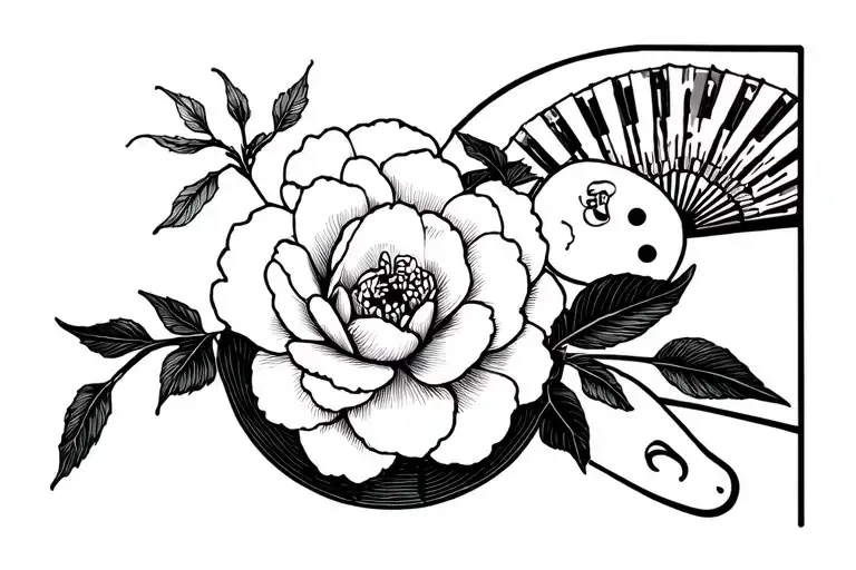camellia with horseshoe and paint palette and chinese fan tattoo design idea