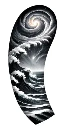 Black and grey sleeve: spiral galaxy above ocean waves, smooth transition, elegant and dark realism. tattoo design idea