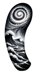 Black and grey sleeve: spiral galaxy above ocean waves, smooth transition, elegant and dark realism. tattoo design idea