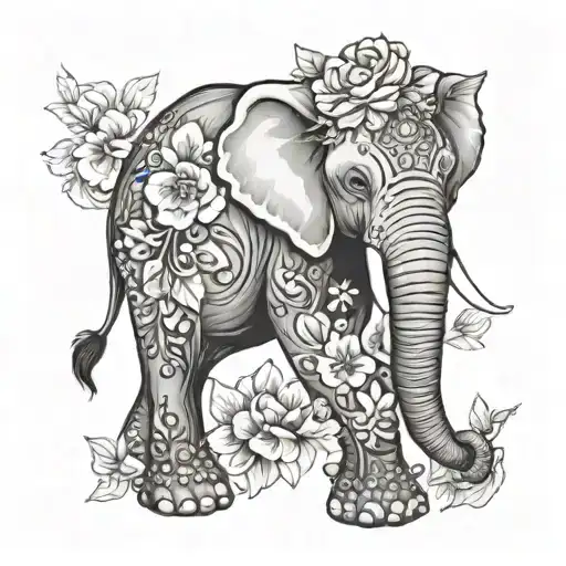 elephant with flowers tattoo design idea