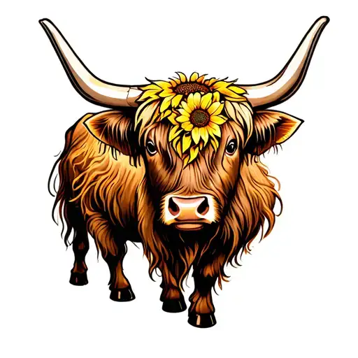 highland cow with sunflower shoulder  tattoo design idea