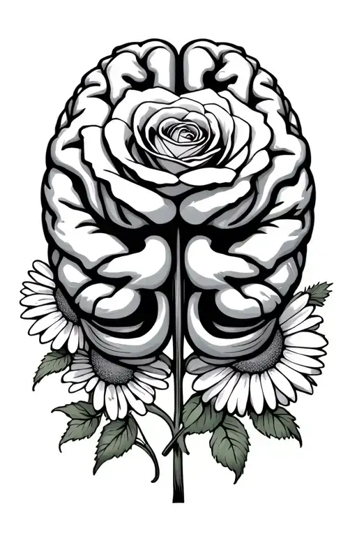 adhd brain symbol with rose, poppy and daisy flowers  tattoo design idea