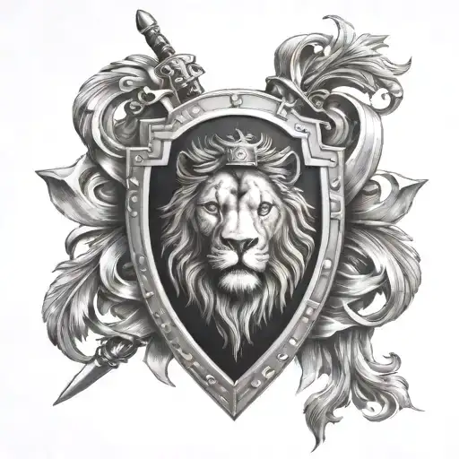 lion famely emblem shield crossed swords going horizontal tattoo design idea
