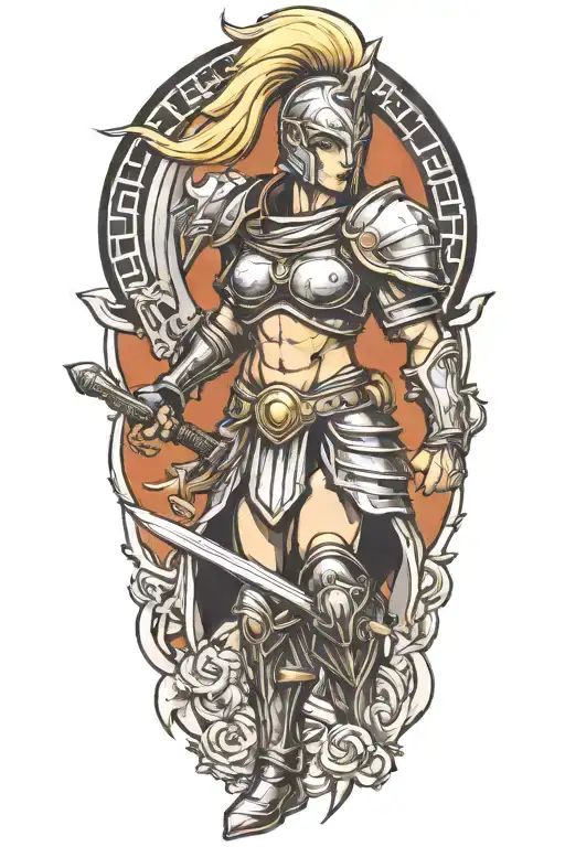blonde  female spartan warrior tattoo design idea