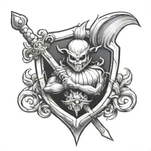 onion holding a sword and shield tattoo design idea