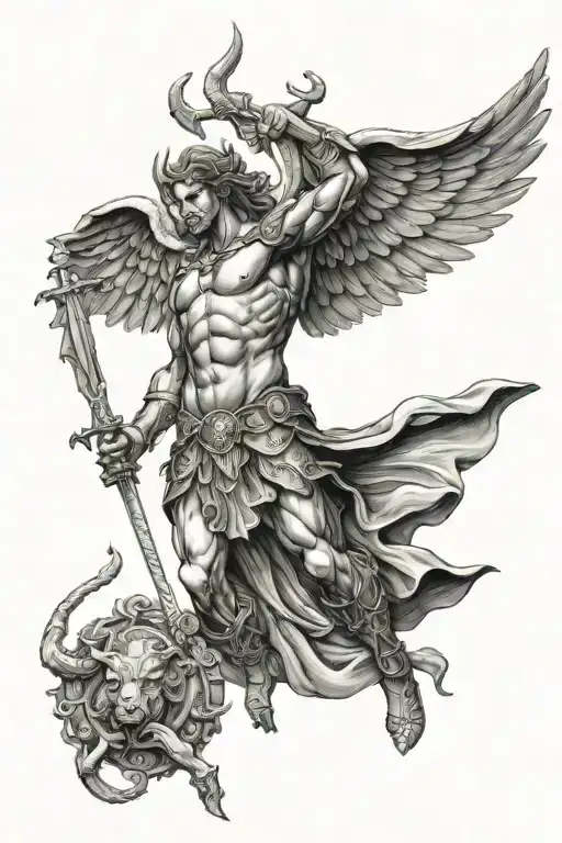 archangel Michael defeating satan tattoo design idea