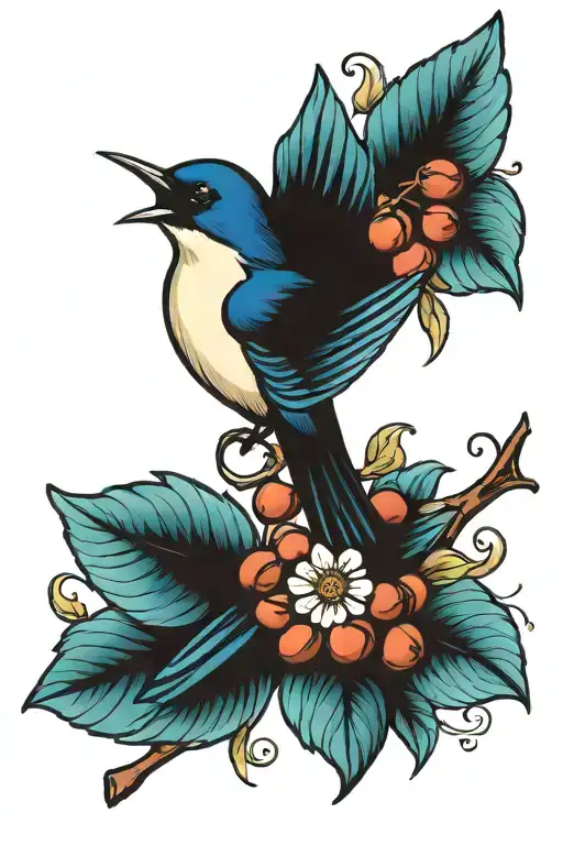 swallow, coffe beans, branch tattoo design idea