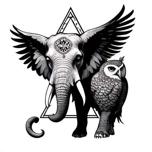EYE OF PROVIDENCE WITH AN ELEPHANT AND OWL AROUND THE TRIANGLE tattoo design idea