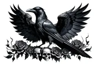 raven with spread wings dark with roses and skulls symetrical tattoo design idea