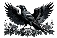 raven with spread wings dark with roses and skulls symetrical tattoo design idea