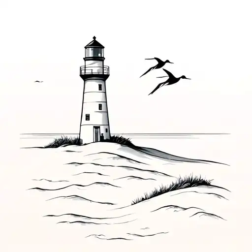 minimalistic lighthouse with dunes and two cranes tattoo design idea