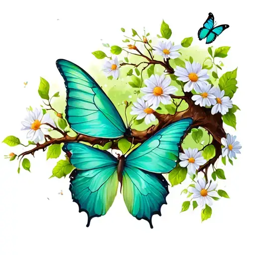 tree branch around triceps with growing flowers nd a green butterfly flying away tattoo design idea
