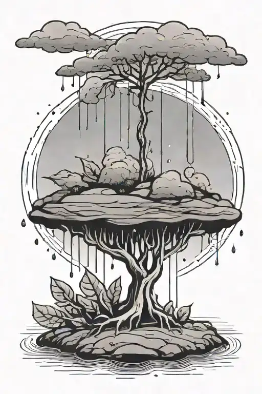 a simple storm raining down on the ground and a seed underground with a small sprout tattoo design idea