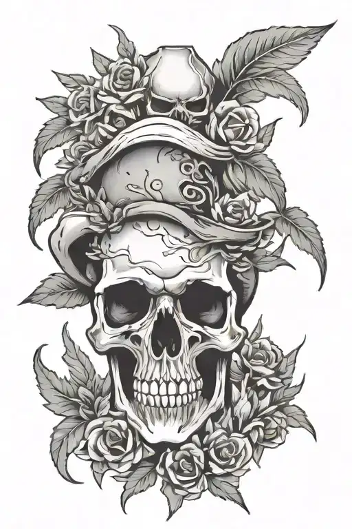 flaming skull and sage bush morphing tattoo design idea