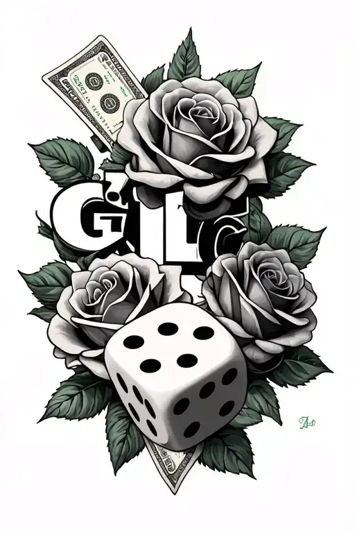 Black and Grey Money Gambling themed with some roses add the letters GLC and dice. no faces tattoo design idea