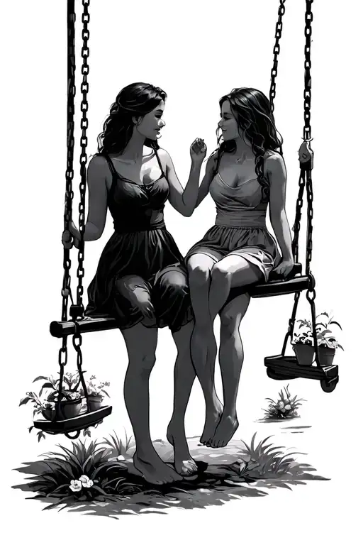 The woman stands next to the swing, on the swing sits 2 girls who swing, tattoo is not complicated, rather simple shapes tattoo design idea