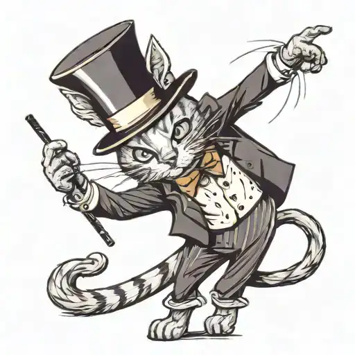 an anthropomorphic cat wearing a tuxedo and a top hat dancing with a cane tattoo design idea