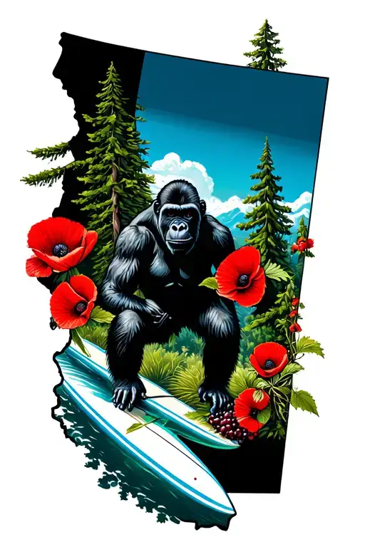 California state outline, collage of poppies, a gorilla surfing, redwood trees, red wine grapes, the republic bear. tattoo design idea