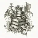 books, dragons, butterflies, vines, crown, sword tattoo design idea