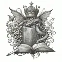 books, dragons, butterflies, vines, crown, sword tattoo design idea
