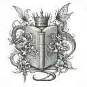 books, dragons, butterflies, vines, crown, sword tattoo design idea