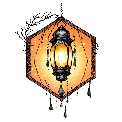 Korean style tattoo of lantern hexagon with glowing light inside with delicate tassels trails and sparkles tattoo design idea