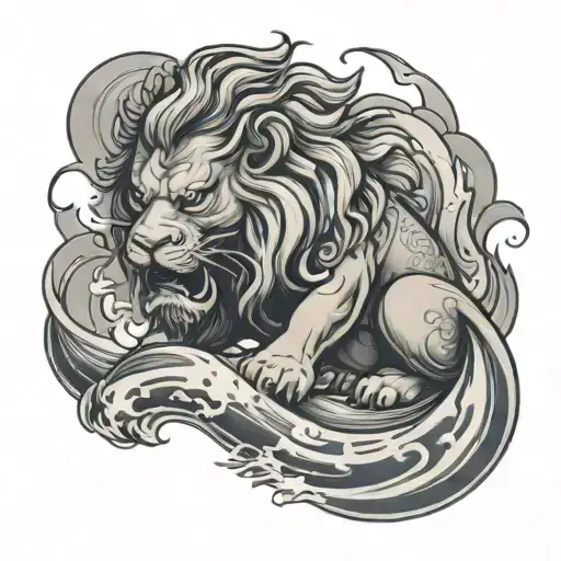 chinese lion in waves tattoo design idea