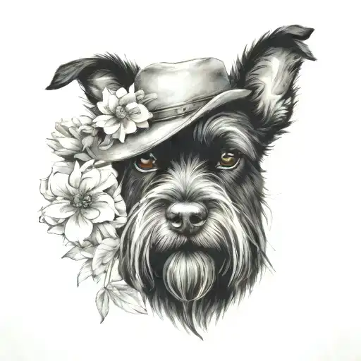 all black schnauzer with cowgirl hat and brown eyes and flowers looking to the side tattoo design idea