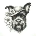 all black schnauzer with cowgirl hat and brown eyes and flowers looking to the side tattoo design idea