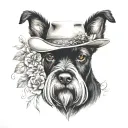all black schnauzer with cowgirl hat and brown eyes and flowers looking to the side tattoo design idea
