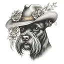 all black schnauzer with cowgirl hat and brown eyes and flowers looking to the side tattoo design idea