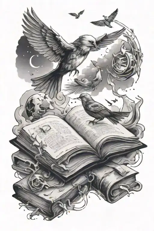 book, space elements, bird flying, brother and sister tattoo design idea