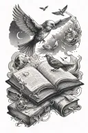 book, space elements, bird flying, brother and sister tattoo design idea