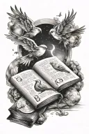 book, space elements, bird flying, brother and sister tattoo design idea