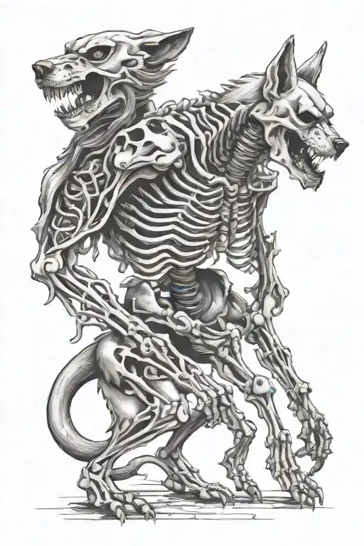 skeleton figure vs evil wolf tattoo design idea