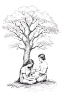 Elder Brother playing With His Little Sister sitting under the tree tattoo design idea